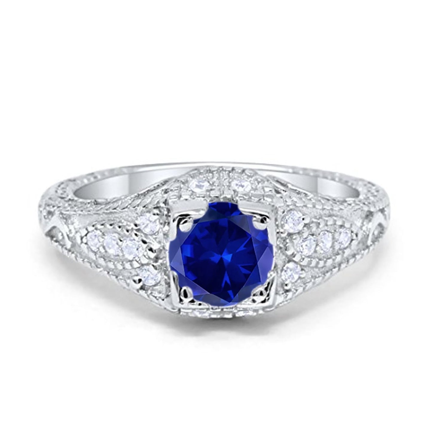 Vintage Design Solitaire Wedding Ring Simulated Blue Sapphire CZ