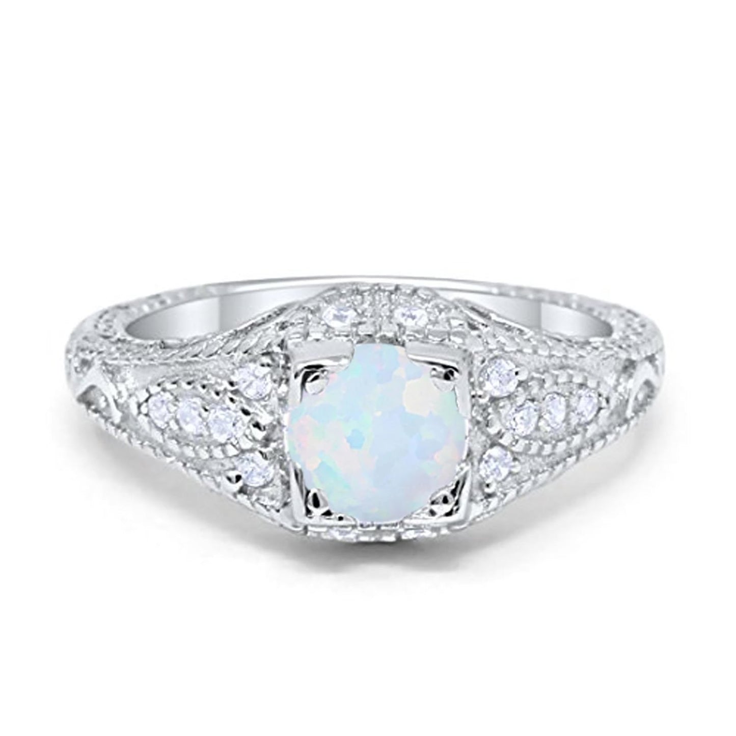 Vintage Design Solitaire Wedding Ring Lab Created White Opal