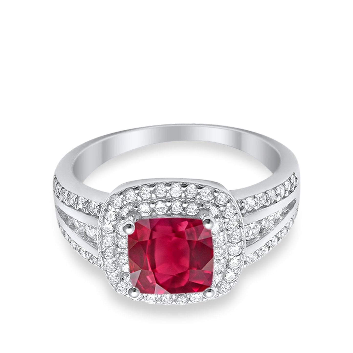 Halo Art Deco Princess Cut Round Simulated Ruby CZ Wedding Ring