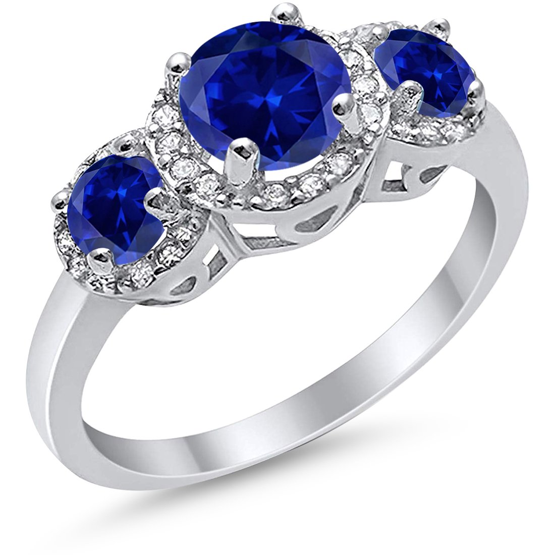 Three Stone Simulated Blue Sapphire CZ Wedding Ring