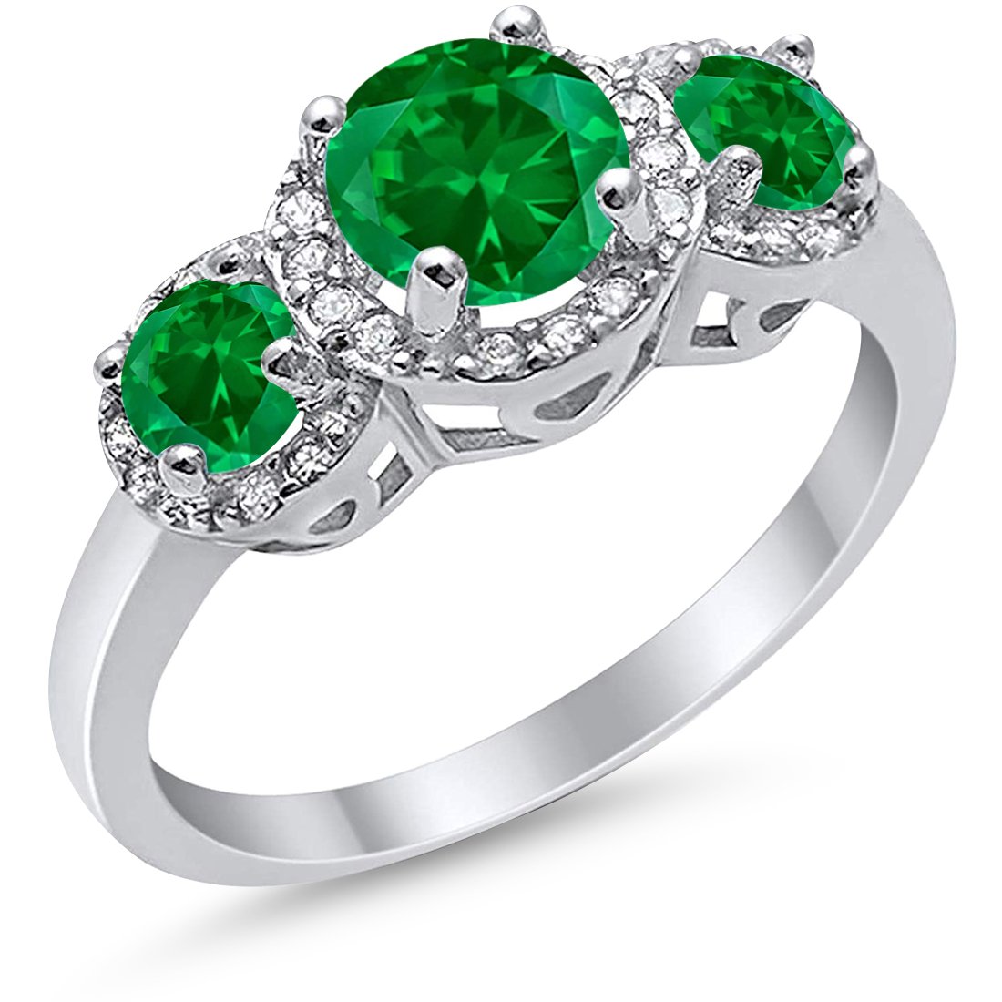 Three Stone Simulated Green Emerald CZ Wedding Ring