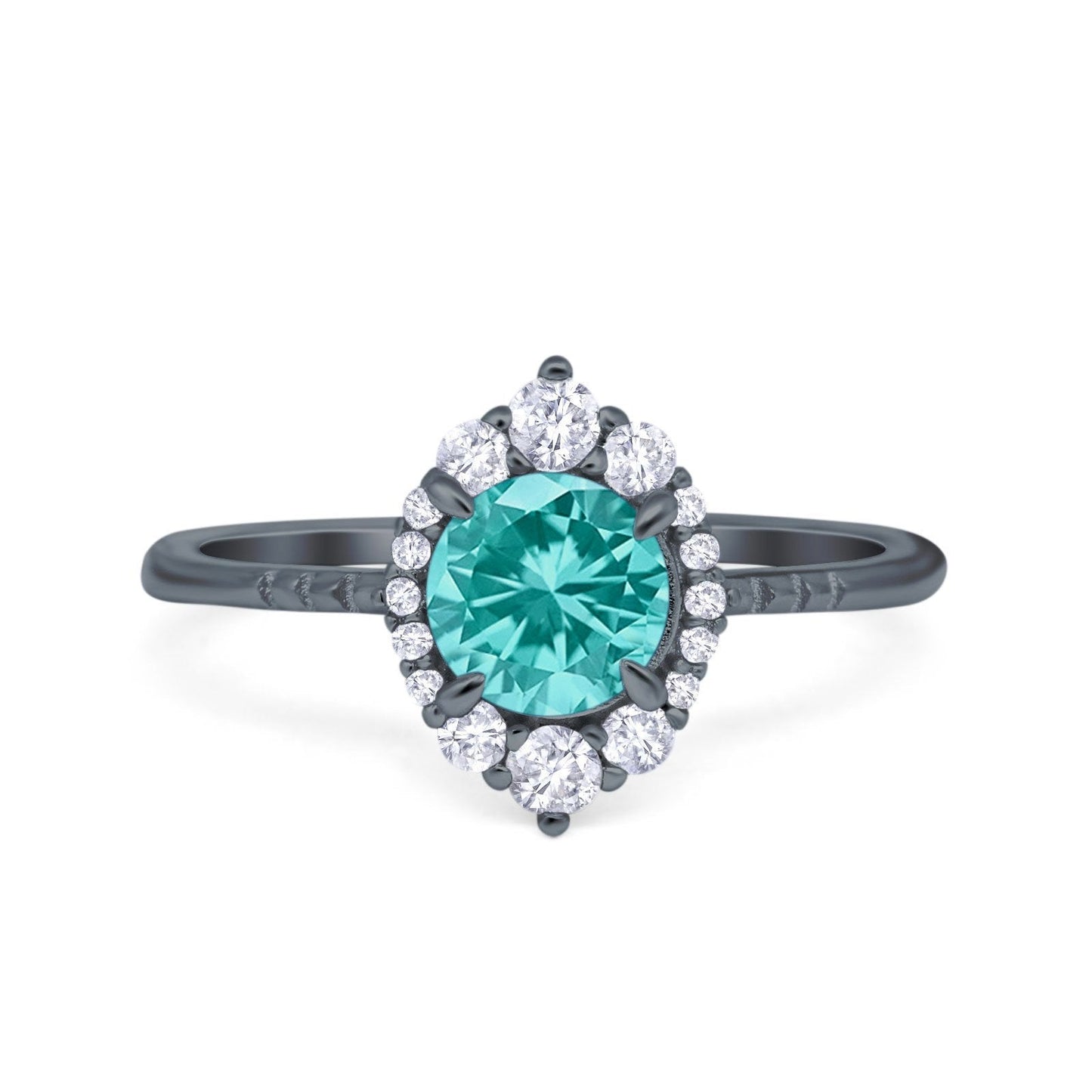 Halo Vintage Round Black Tone, Simulated Paraiba Tourmaline CZ Engagement Ring