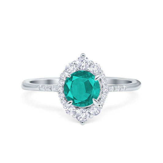 Vintage Halo Round Simulated Paraiba Tourmaline CZ Engagement Ring