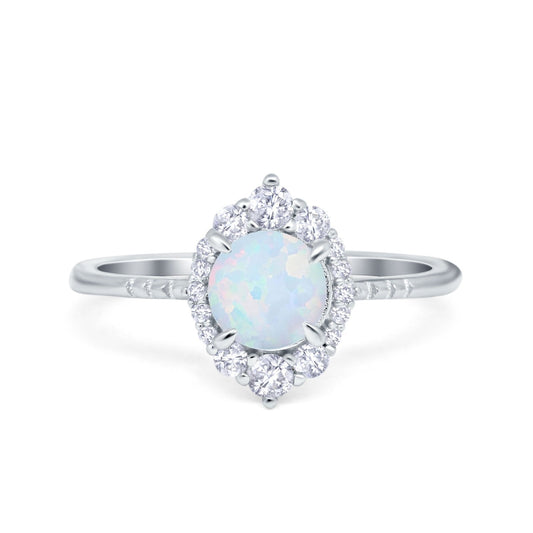 Halo Vintage Round Lab Created White Opal Engagement Ring