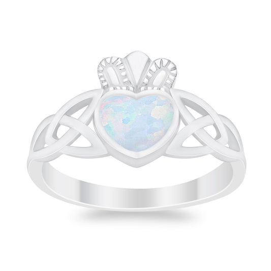 Heart Irish Claddagh Design Ring Lab Created White Opal