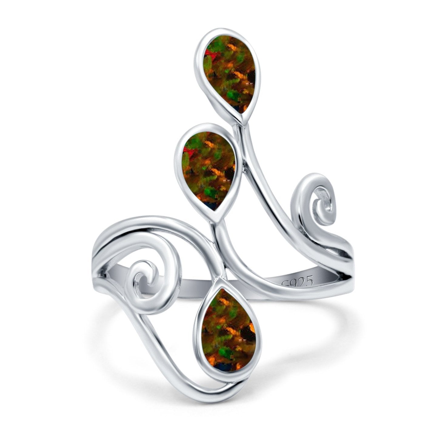 Teardrop Pear Lab Created Black Opal Swirl Spiral Ring