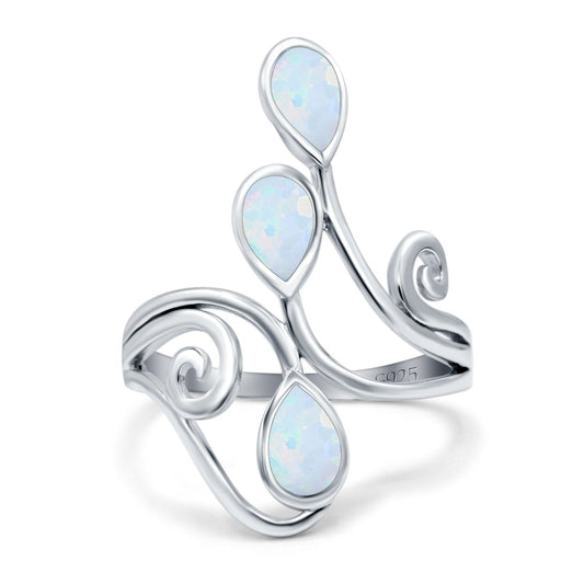 Teardrop Pear Lab Created White Opal Swirl Spiral Ring