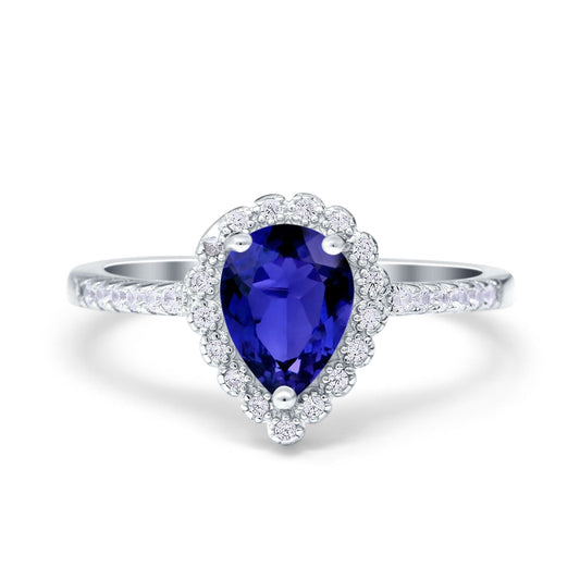 Teardrop Pear Halo Blue Sapphire CZ Engagement Ring