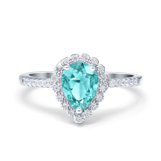 Teardrop Pear Halo Paraiba Tourmaline CZ Engagement Ring