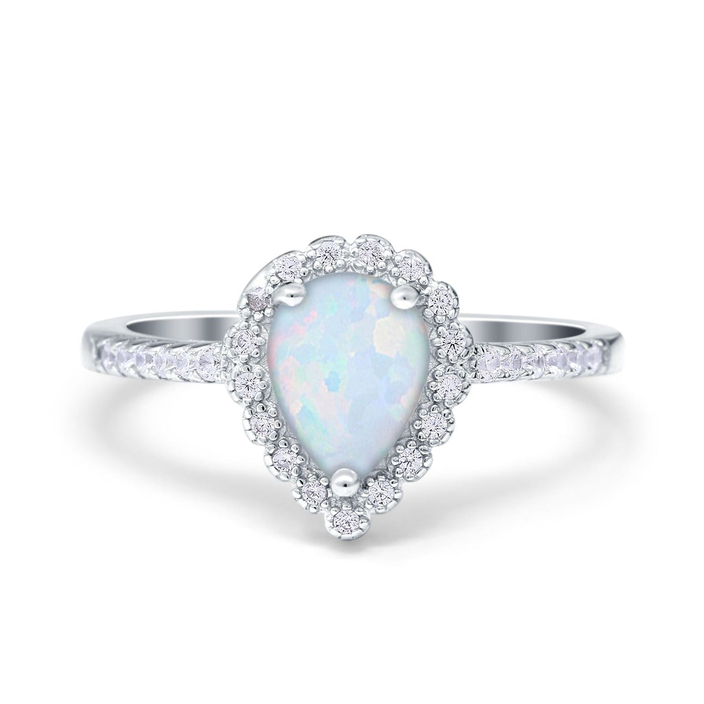 Teardrop Pear Halo Lab Created White Opal Engagement Ring