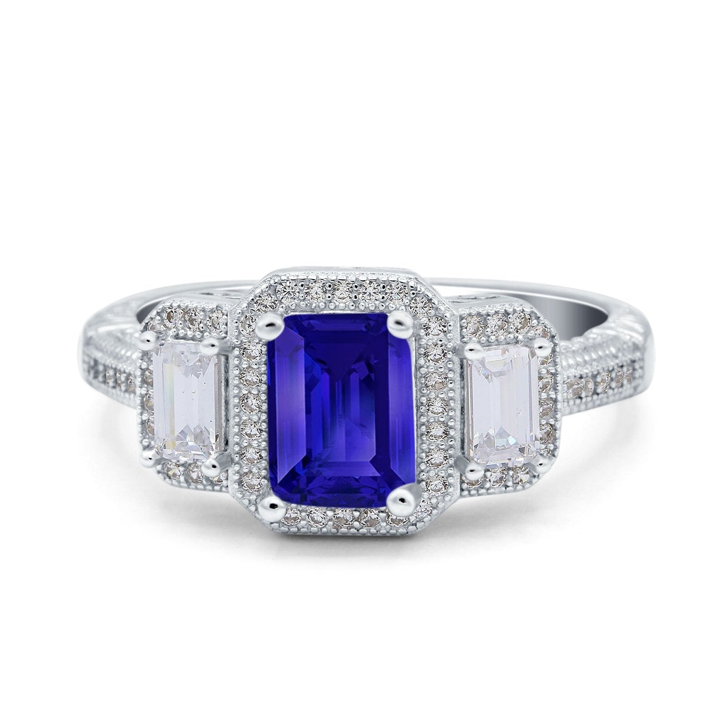 Emerald Cut Halo Engagement Ring Simulated Blue Sapphire CZ