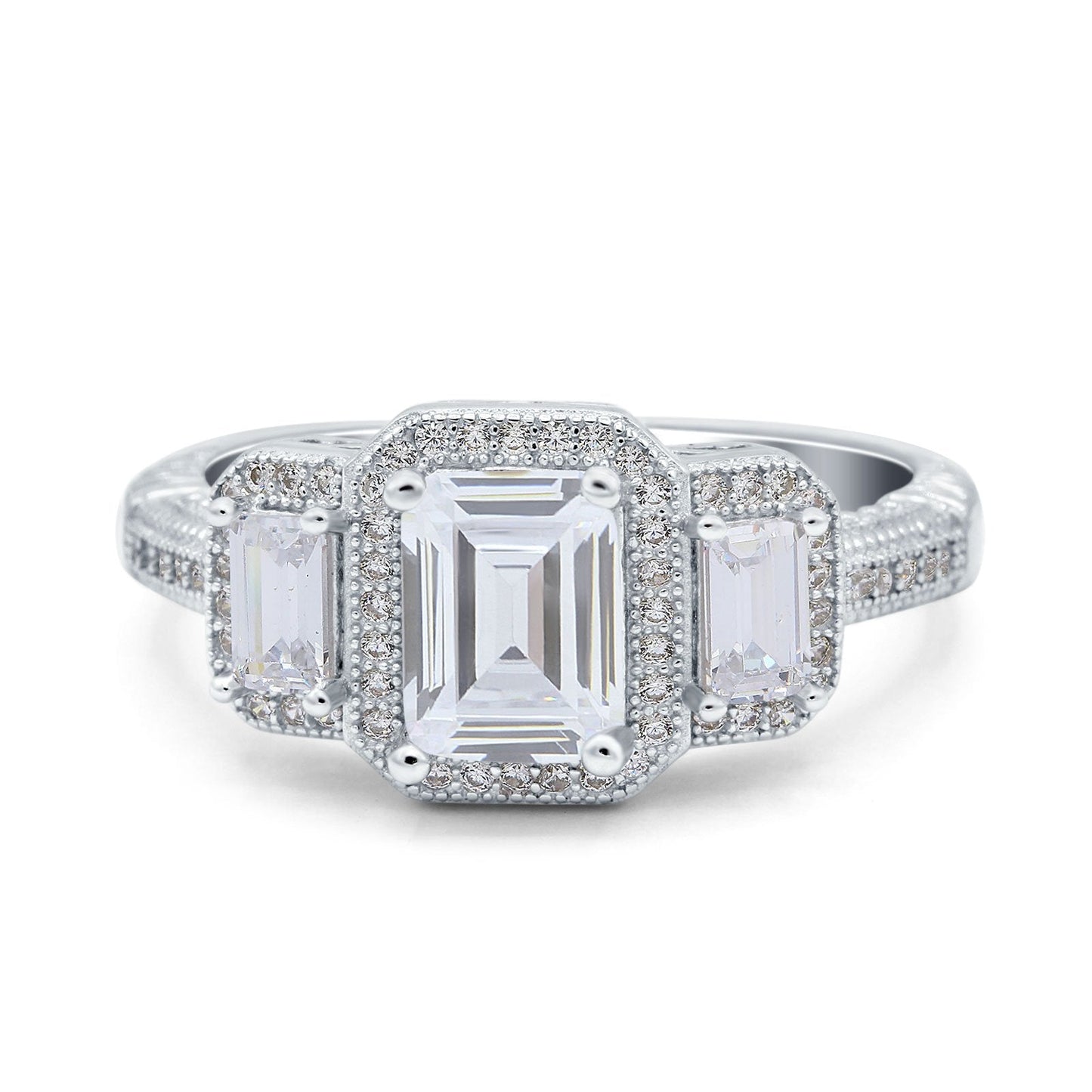 Emerald Cut Halo Simulated Cubic Zirconia Engagement Ring