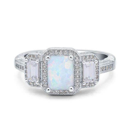 Emerald Cut Halo Lab Created White Opal Engagement Ring