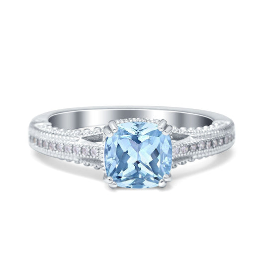 Cushion Cut Art Deco Simulated Aquamarine CZ Engagement Ring