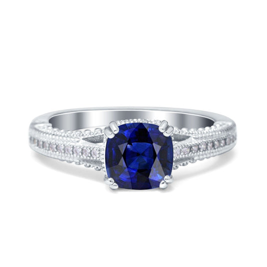 Cushion Cut Art Deco Blue Sapphire CZ Engagement Ring