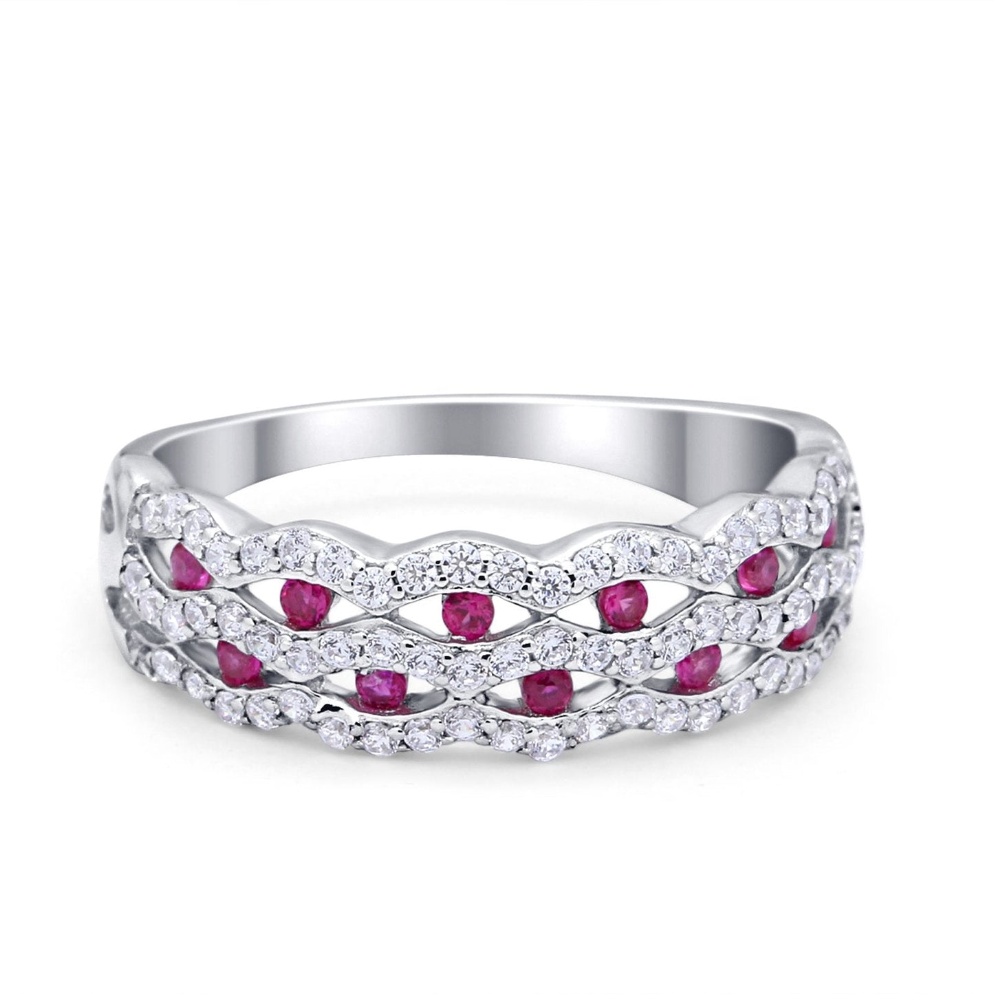 Half Eternity Wedding Ring Round Simulated Ruby CZ