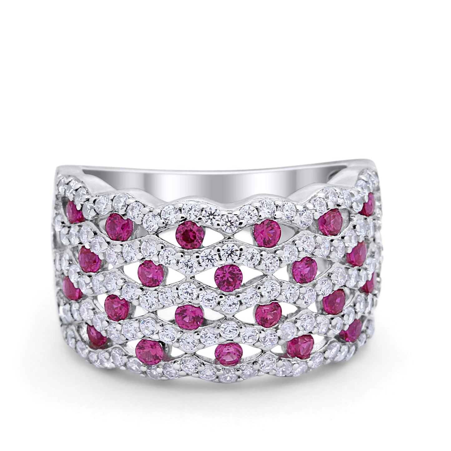 Wide Half Eternity Ring Round Simulated Ruby CZ