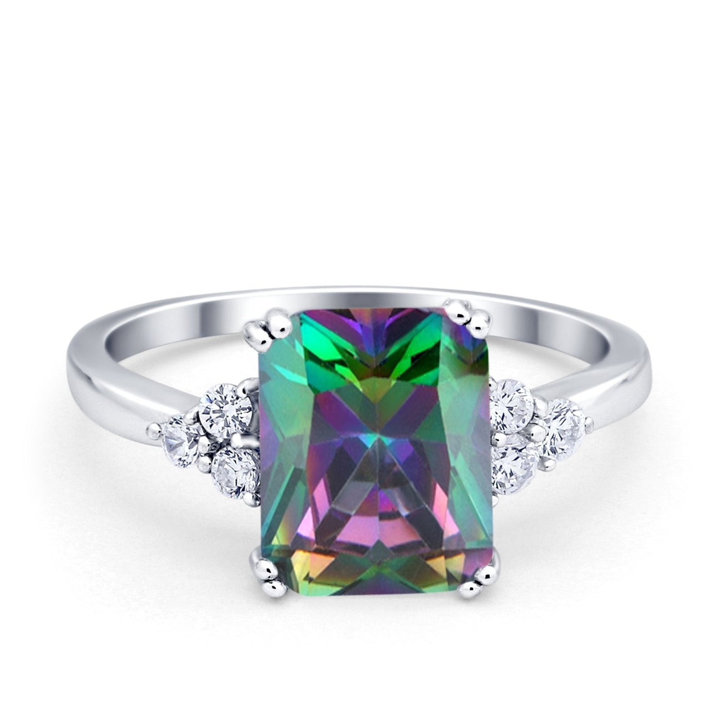 Art Deco Emerald Cut Wedding Ring Simulated Rainbow CZ