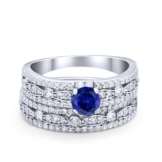 Art Deco Two Piece Bridal Set Wedding Ring Band Round Simulated Blue Sapphire CZ