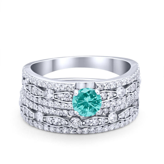 Art Deco Two Piece Bridal Set Wedding Ring Band Round Simulated Paraiba Tourmaline CZ