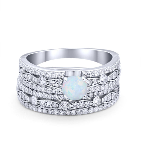 Art Deco Two Piece Bridal Set Wedding Ring Band Round Lab Created White Opal