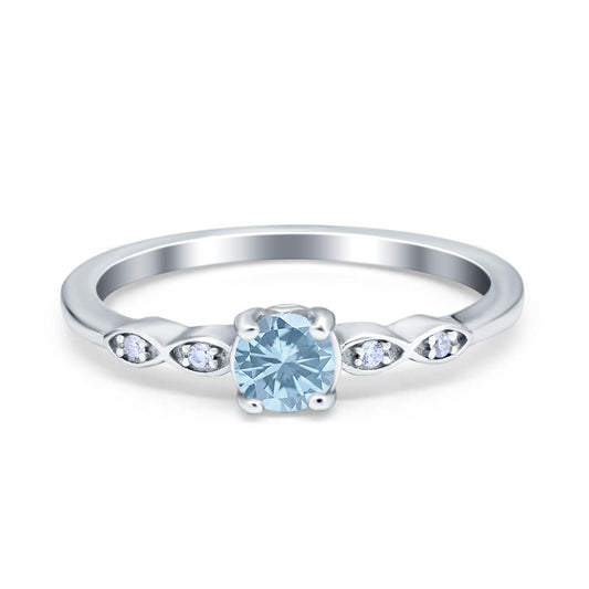 Petite Dainty Wedding Ring Round Simulated Aquamarine CZ