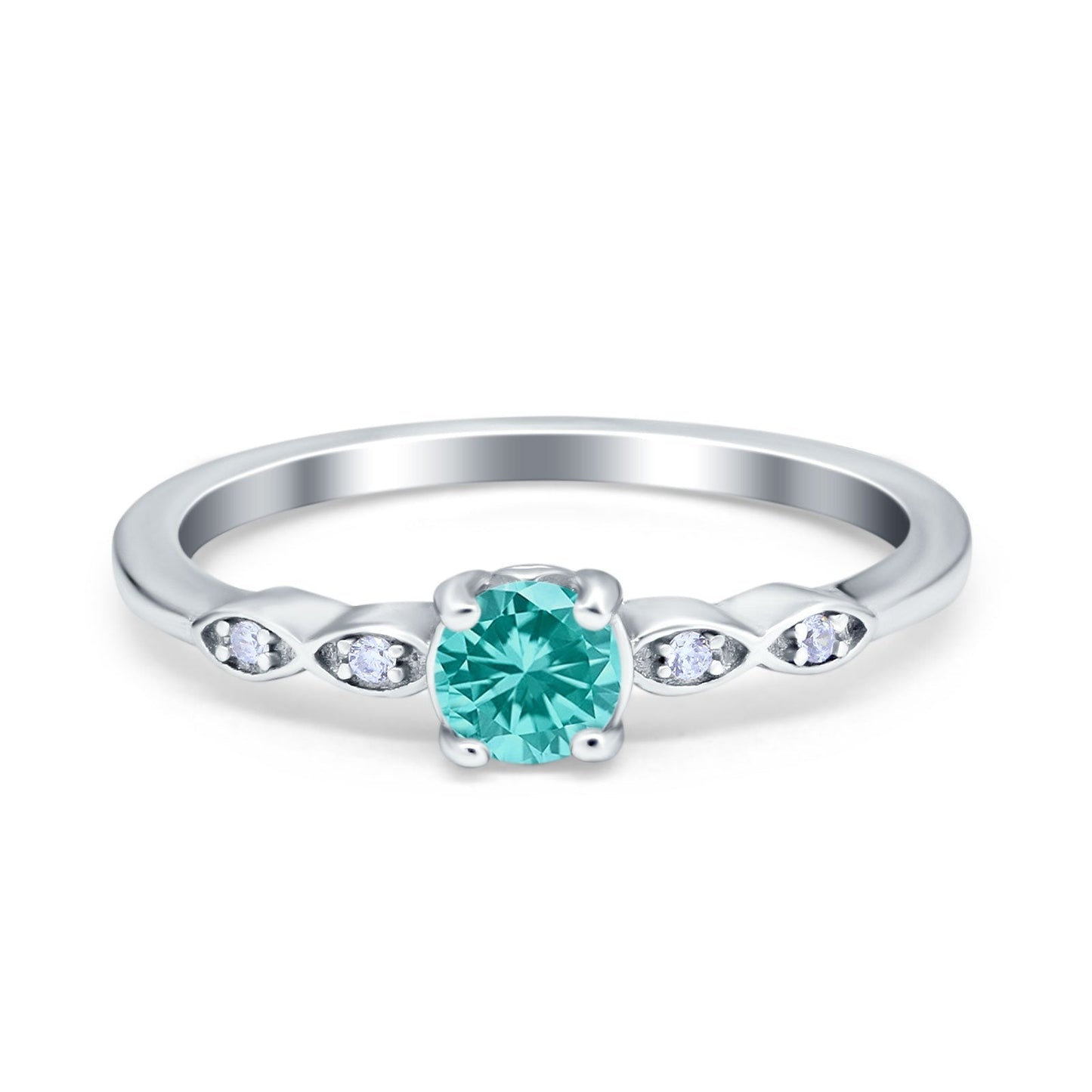 Petite Dainty Wedding Ring Round Simulated Paraiba Tourmaline CZ