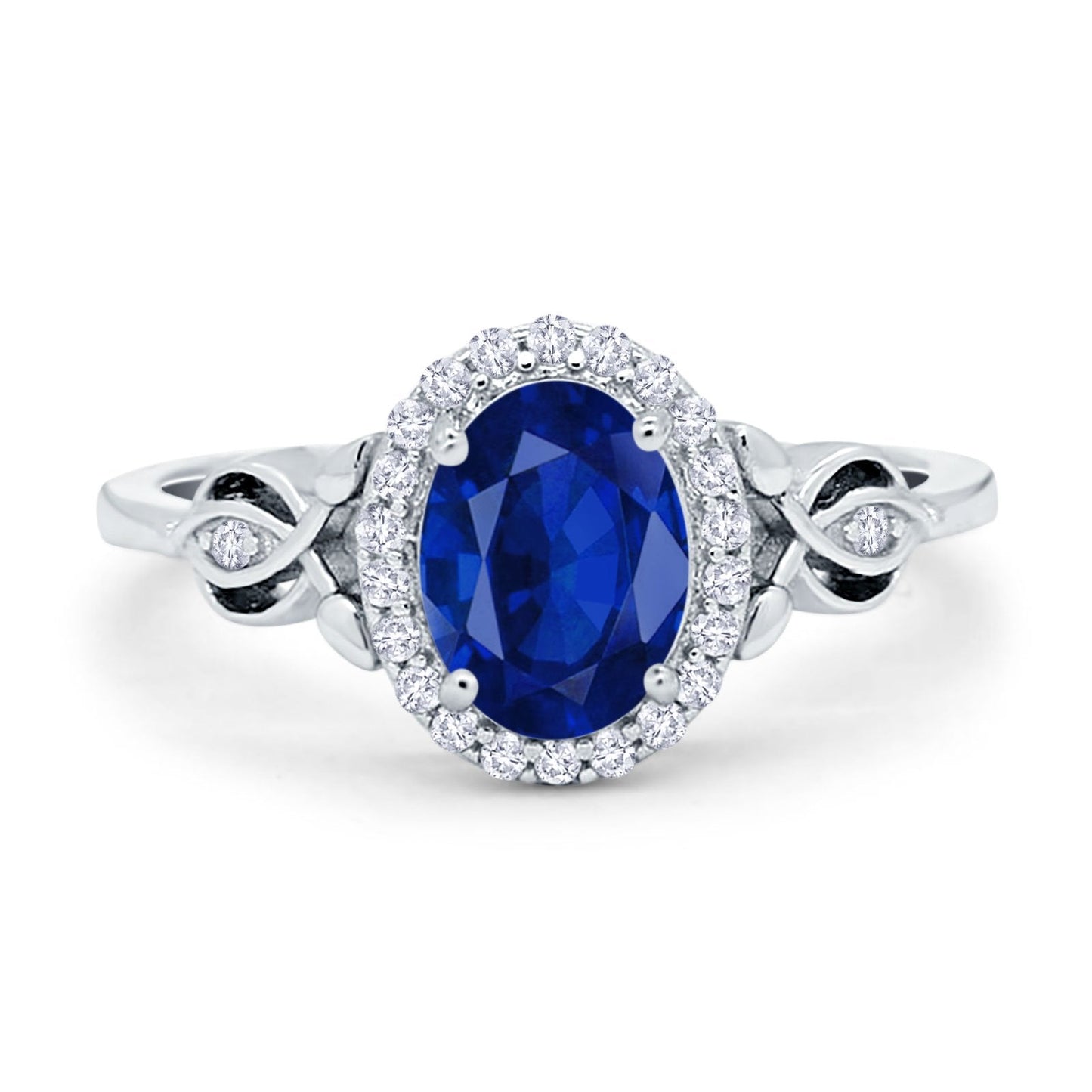 Oval Halo Simulated Blue Sapphire CZ Engagement Ring