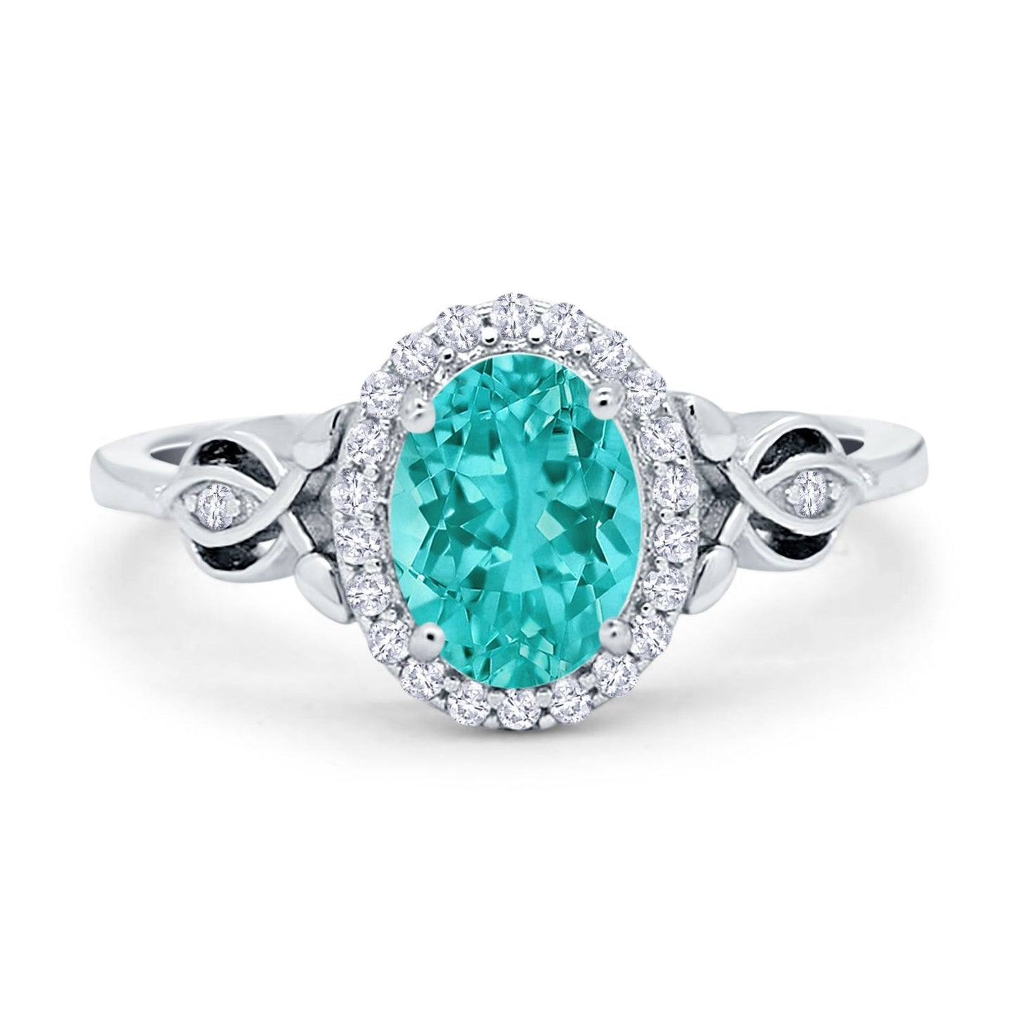 Oval Halo Simulated Paraiba Tourmaline CZ Engagement Ring