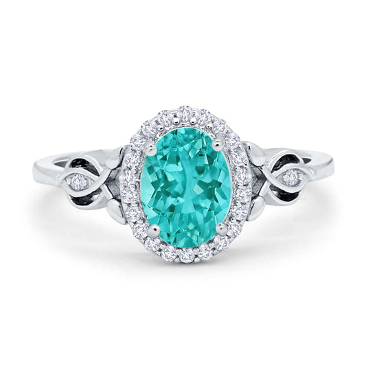 Oval Halo Simulated Paraiba Tourmaline CZ Engagement Ring