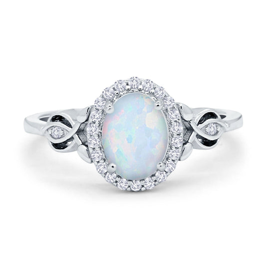 Oval Halo Lab Created White Opal Engagement Ring