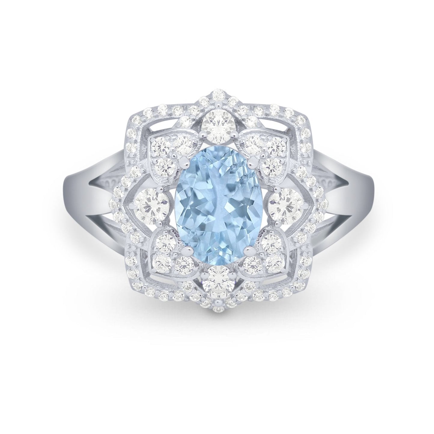 Art Deco Oval Wedding Ring Simulated Aquamarine CZ