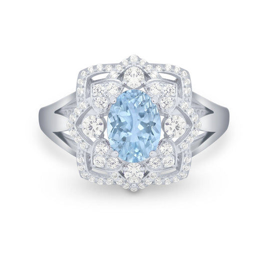 Art Deco Oval Wedding Ring Simulated Aquamarine CZ