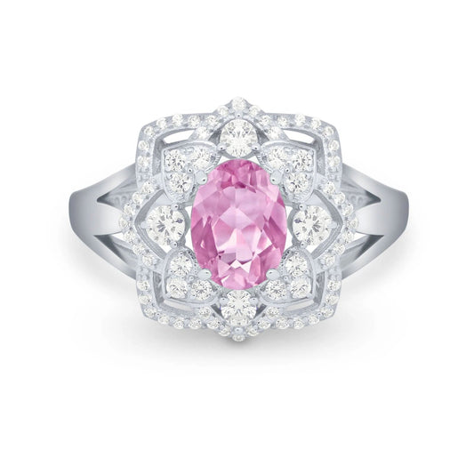 Art Deco Oval Wedding Ring Simulated Pink CZ