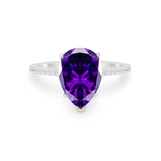 Teardrop Engagement Ring Pear Round Simulated Amethyst CZ