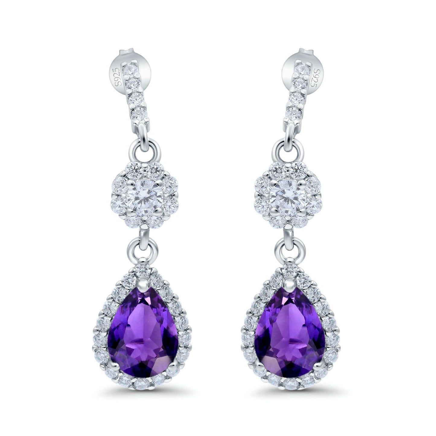 Halo Dangle & Drop Earrings Pear Simulated Amethyst CZ