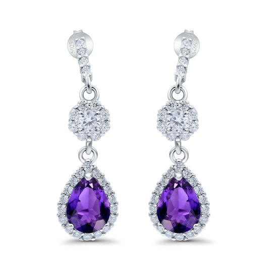 Halo Dangle & Drop Earrings Pear Simulated Amethyst CZ