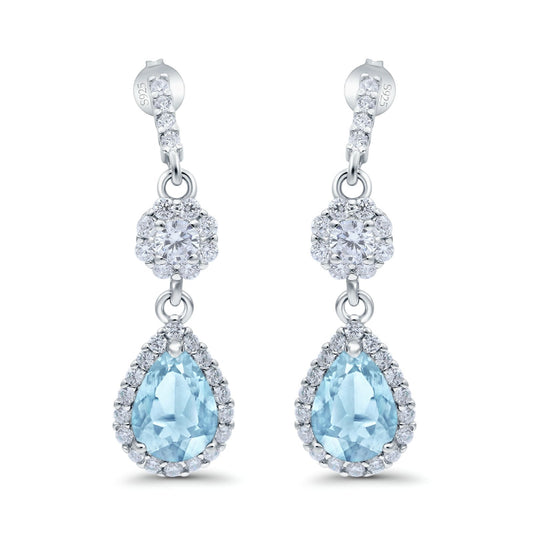 Halo Dangle & Drop Earrings Pear Simulated Aquamarine CZ