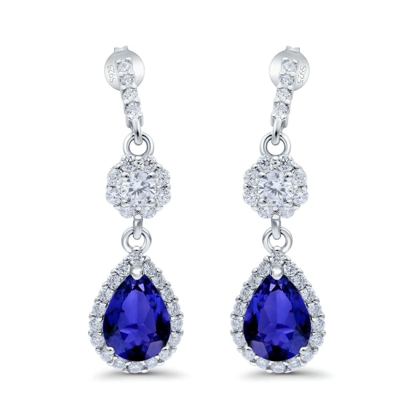 Halo Dangle & Drop Earrings Pear Simulated Blue Sapphire CZ