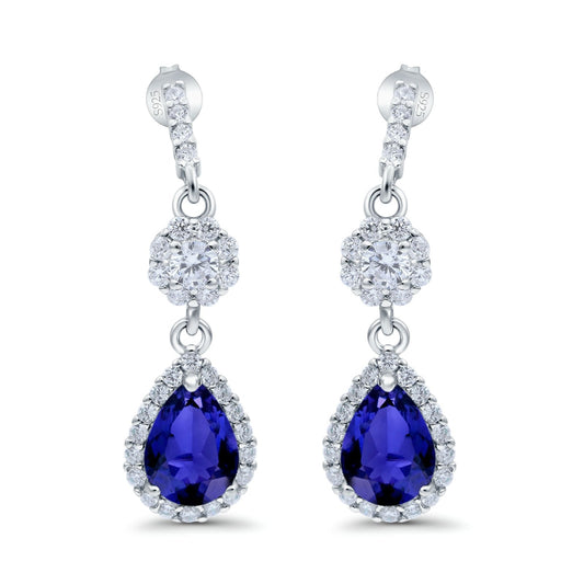 Halo Dangle & Drop Earrings Pear Simulated Blue Sapphire CZ