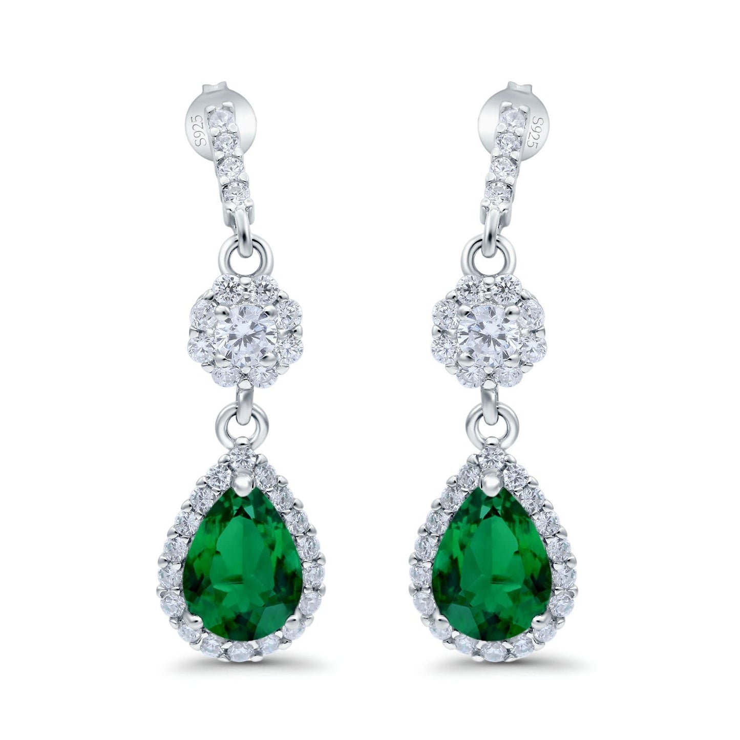 Halo Dangle & Drop Earrings Pear Simulated Green Emerald CZ