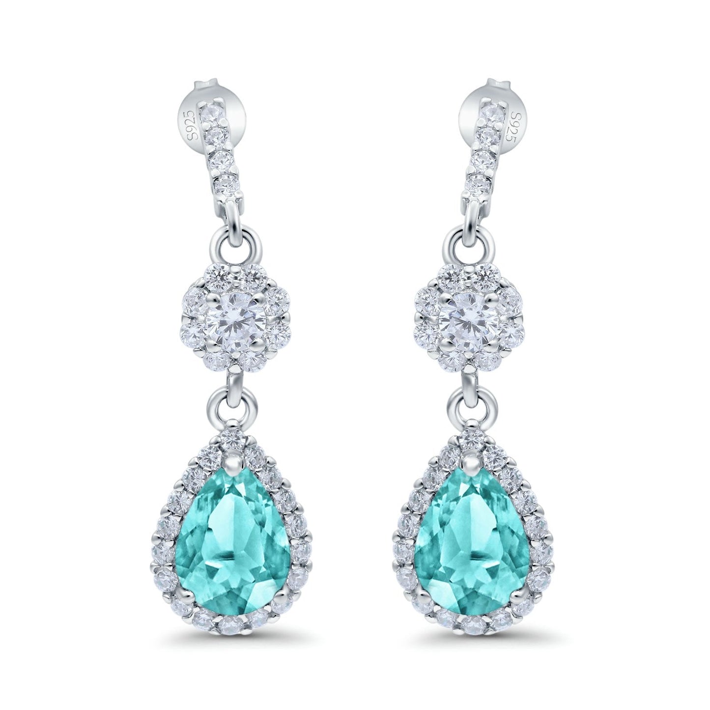 Halo Dangle & Drop Earrings Pear Simulated Paraiba Tourmaline CZ