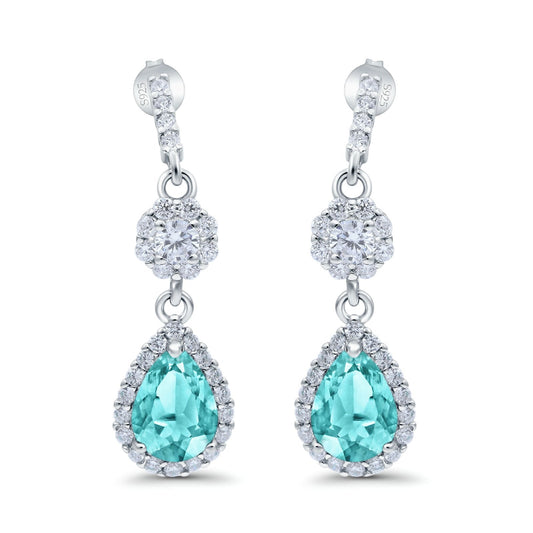 Halo Dangle & Drop Earrings Pear Simulated Paraiba Tourmaline CZ