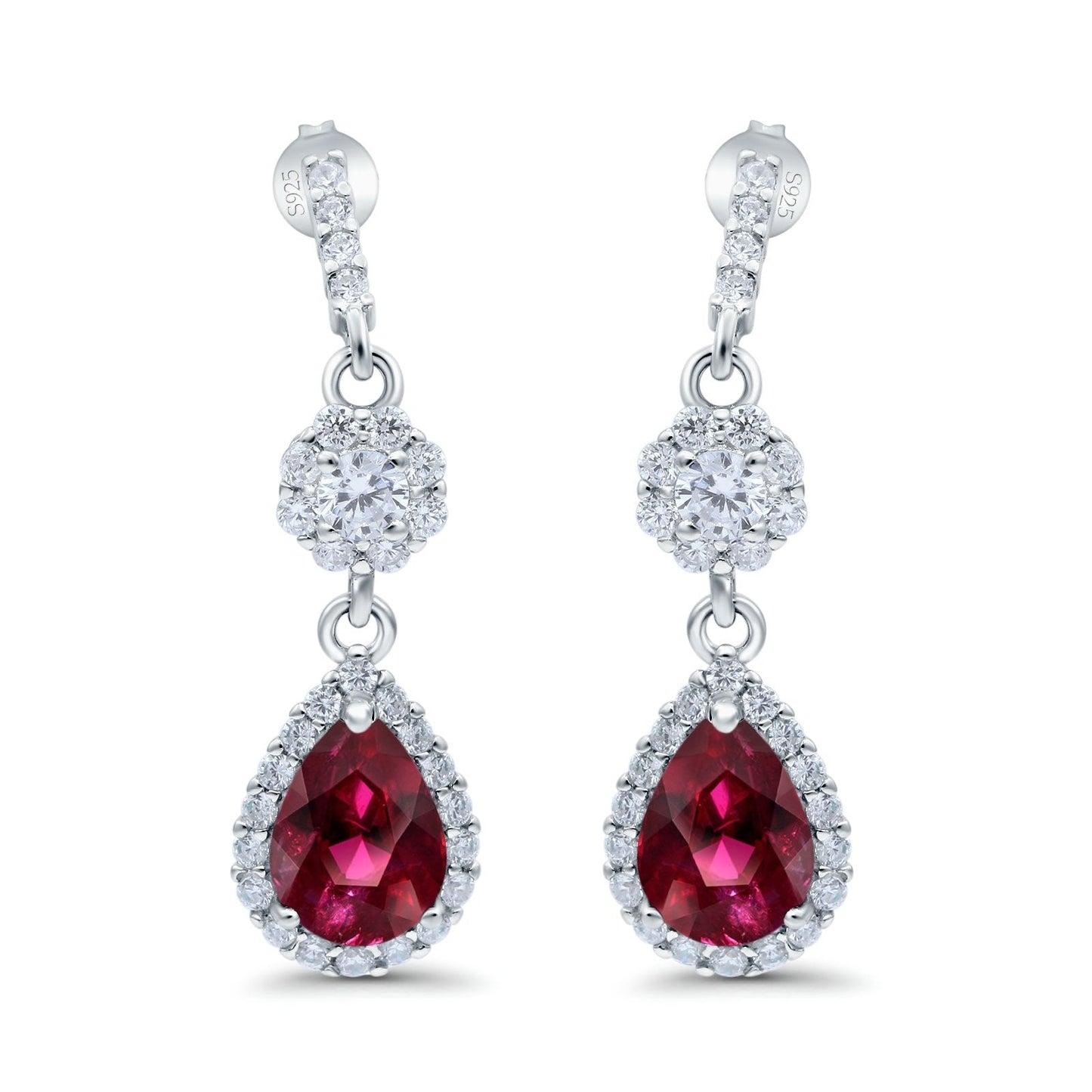 Halo Dangle & Drop Earrings Pear Simulated Ruby CZ