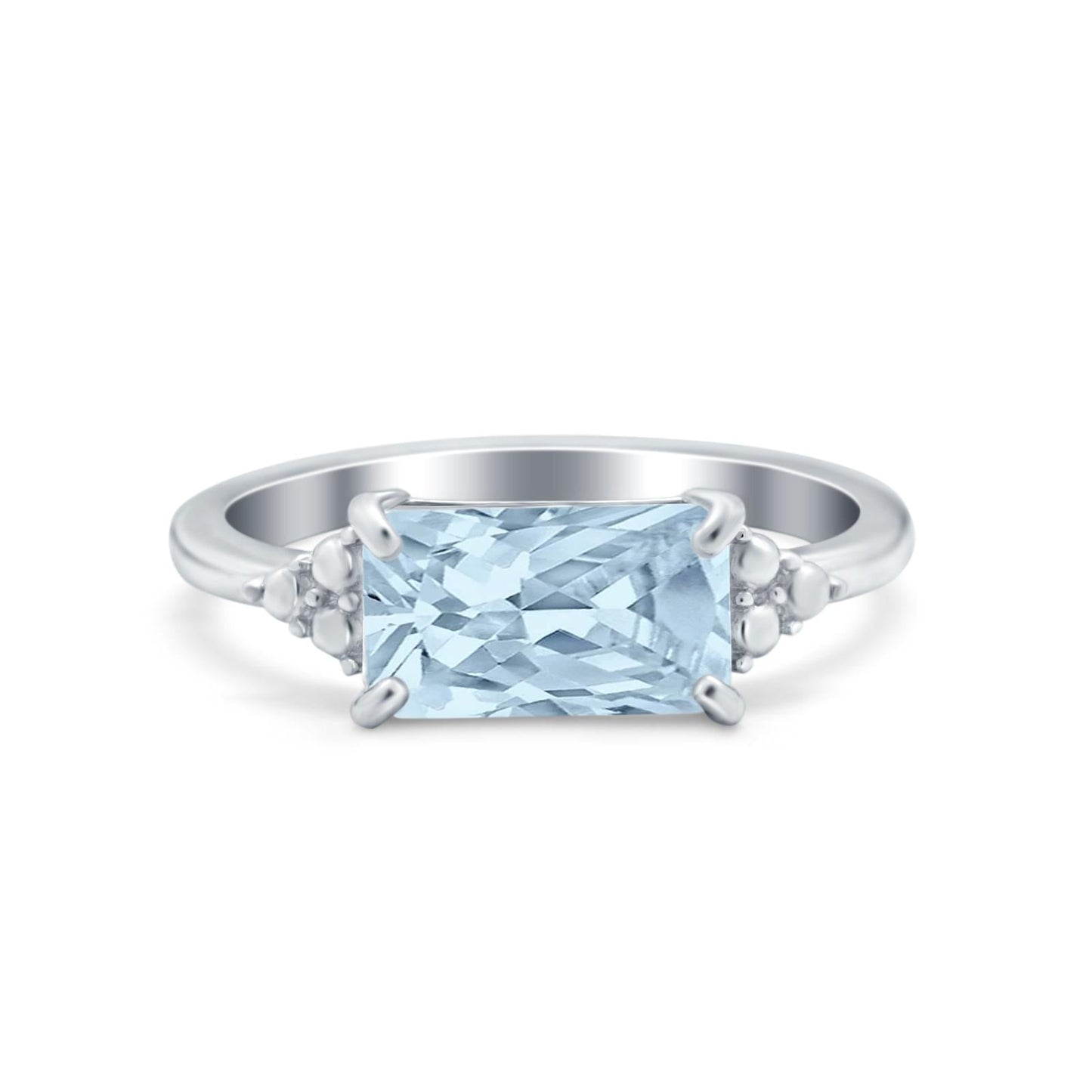 Emerald Cut Sideways Simulated Aquamarine CZ Ring