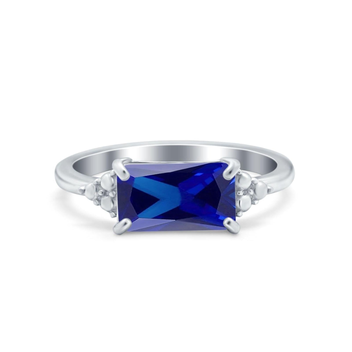 Emerald Cut Sideways Simulated Blue Sapphire CZ Ring