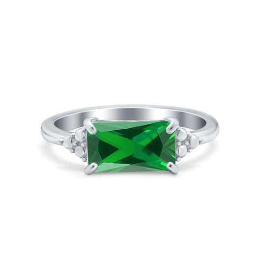 Emerald Cut Sideways Simulated Green Emerald CZ Ring