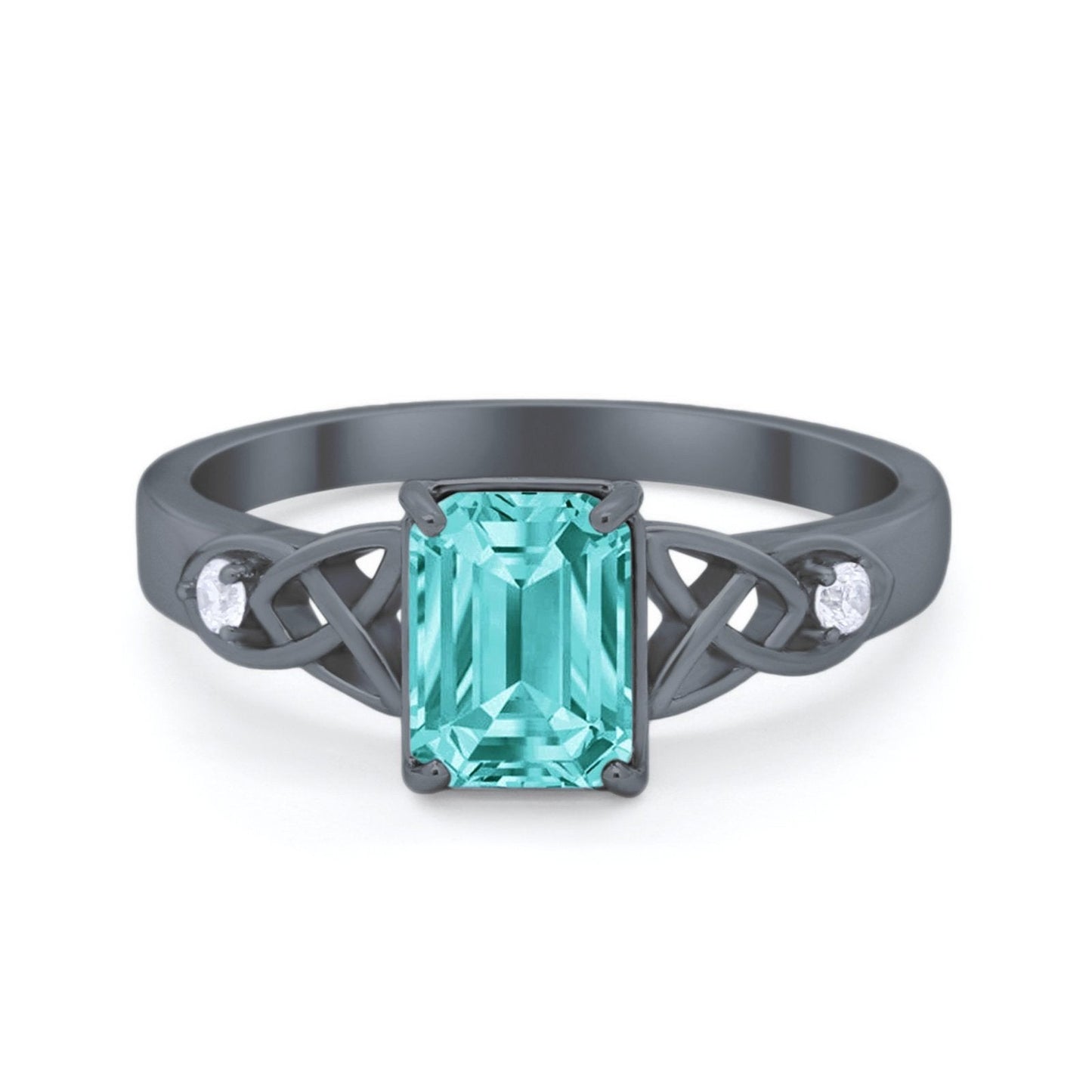 Wedding Ring Emerald Cut Black Tone, Simulated Paraiba Tourmaline CZ