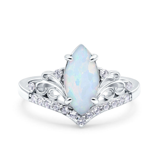 Marquise Art Deco Lab Created White Opal Wedding Bridal Ring