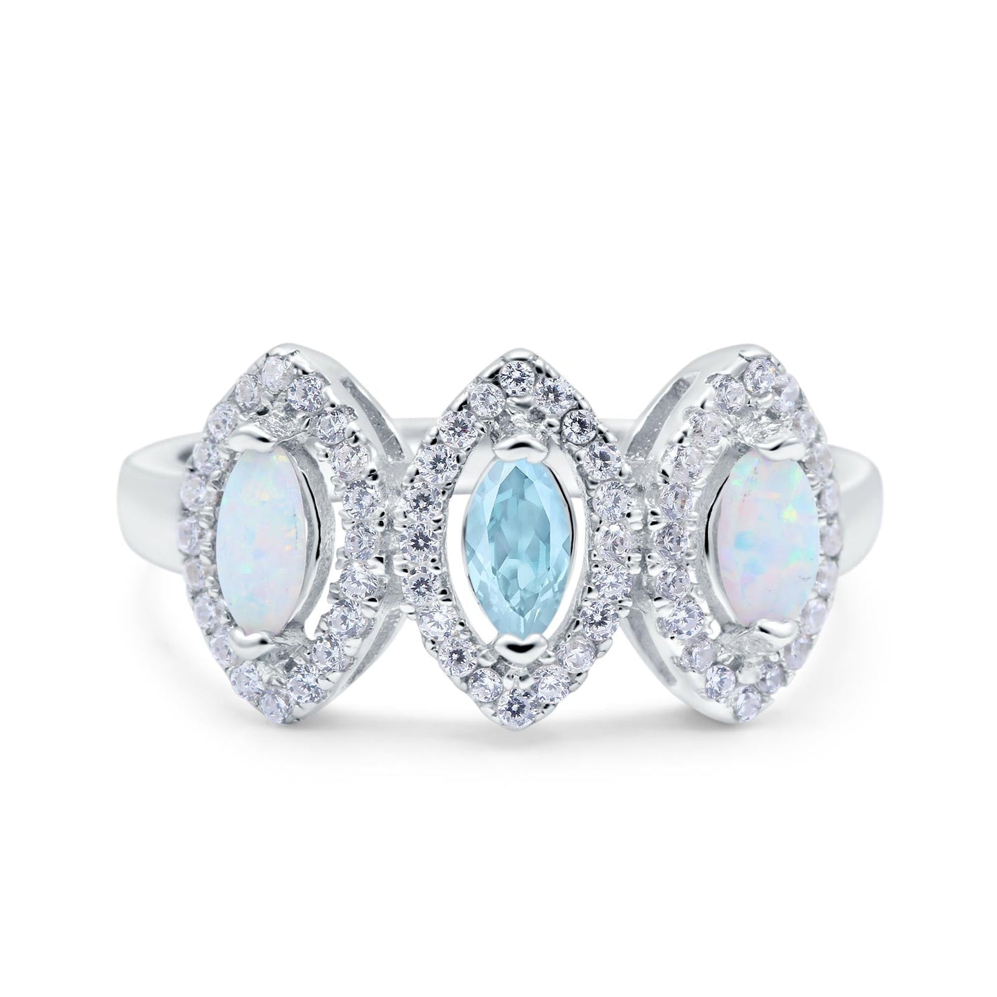 Halo Marquise Three Stone Simulated Aquamarine CZ Wedding Bridal Ring